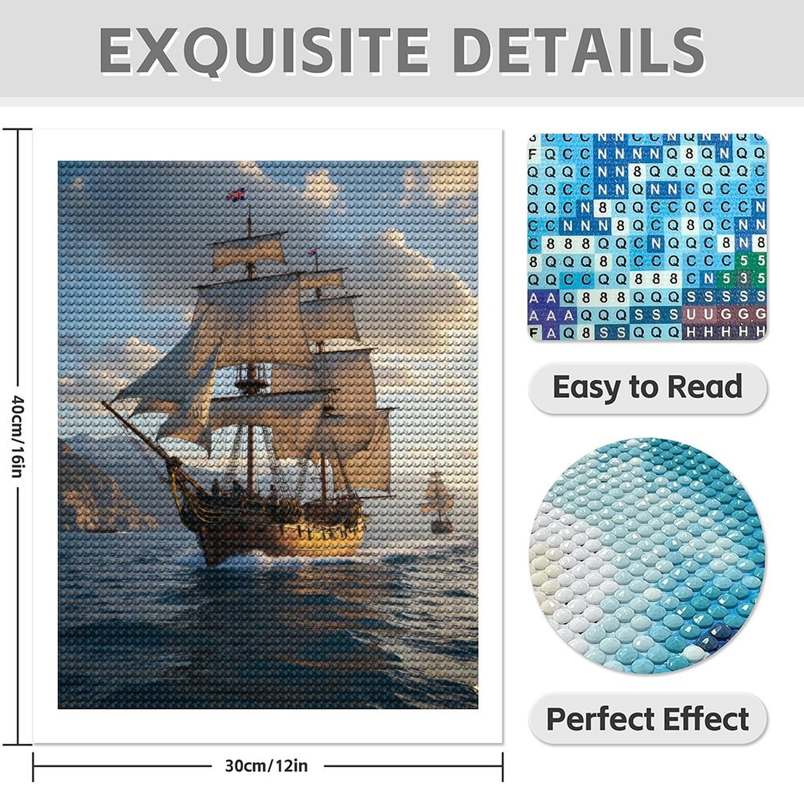 Diamond Art Kit for Adults, Vintage Sailing Ship At Sunset Diamond Painting for Adults Beginners, 5D DIY Diamond Art Painting Kits, Colorful Diamond Painting Craft for Home Decor 12x16