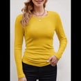 thumbnail image 3 of Camisetas Básicas Ajustadas Informales de Cuello Redondo y Larga Acanaladas para Mujer Amarillo Mostaza L, 3 of 6