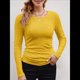 thumbnail image 3 of Camisetas Básicas Ajustadas Informales de Cuello Redondo y Larga Acanaladas para Mujer Amarillo Mostaza L, 3 of 6