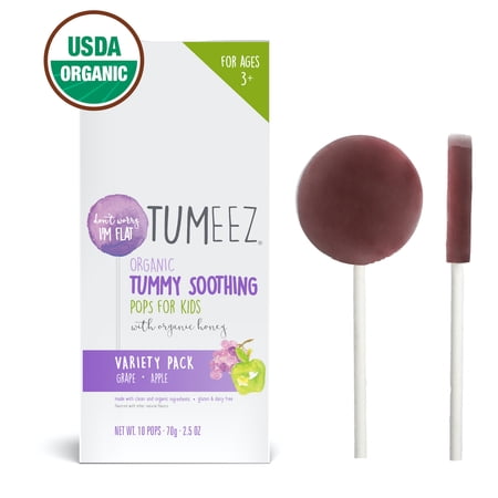 Tumeez Organic Tummy Soothing Pops for Kids, Calcium Carbonate 200mg, Grape/Apple, 10 Count