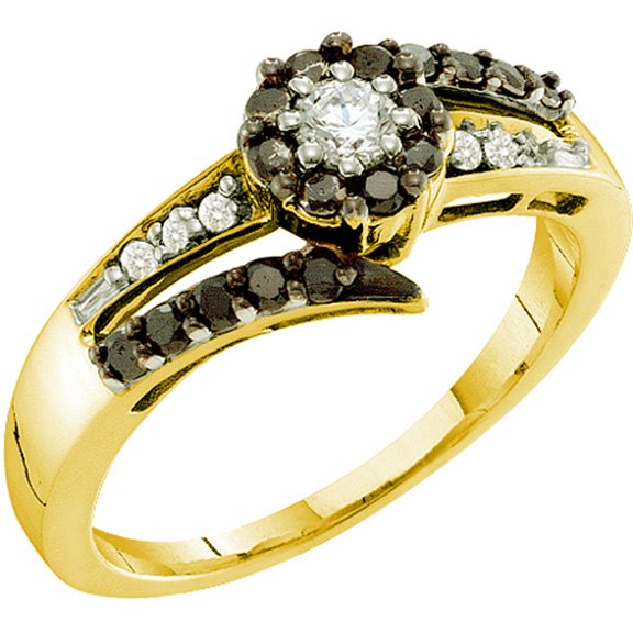 Dazzlingrock Collection 0.52 Carat (ctw) 14k Round White & Black Diamond Ladies Cluster Flower Right Hand Ring 1/2 CT, Yellow Gold