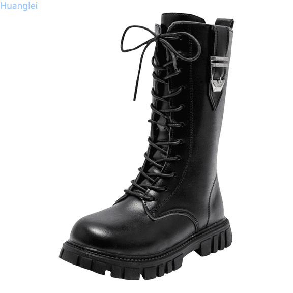 Huanglei Girls Lace Up Riding Boots Mid Calf Combat Boots PU Leather Side Zipper Punk Goth Boot 4-4.5 Years