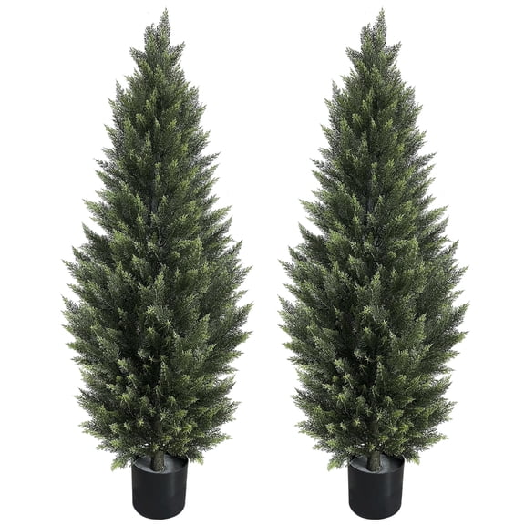 5FT Artificial Cedar Topiary Tree with Pot, UV Resistant Fake Pine Tree, Outdoor Indoor Decor for Front Porch Patio Garden, No Maintenance Faux Evergreen Greenery(2 Pack)
