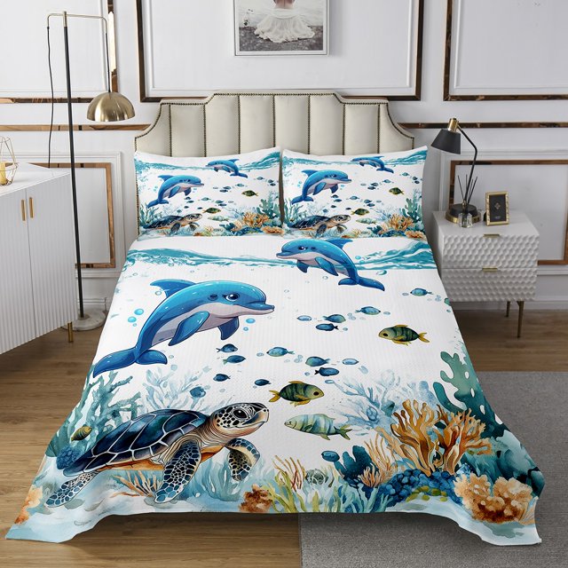 Erosebridal Blue Dolphin Coverlet Set Twin, Sea Turtle Bedding Set, Ocean Print Decor, 2 Pieces