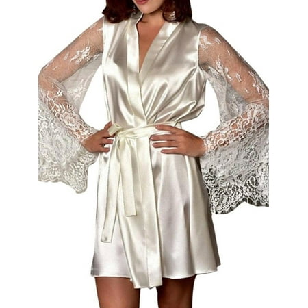 

Women Satin Luxurious Lightweight Lace Long Sleeve Pajamas With Belt Sexy Home Sleepwear Sleepdress