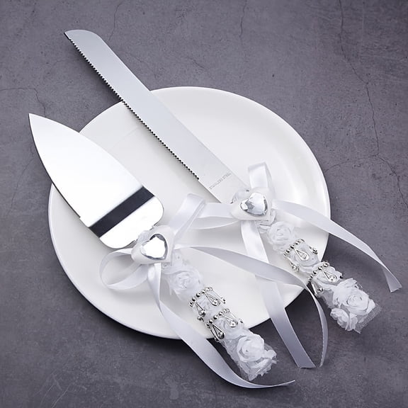 2pcs Wedding Cake Cutter Knife Server Set, Elegant Rose Bow Handle Cake Knife Cake Server, Silver Heart Ribbon Wedding Cake Cutting Set for Birthday Parties, Anniversary, Wedding, Reception