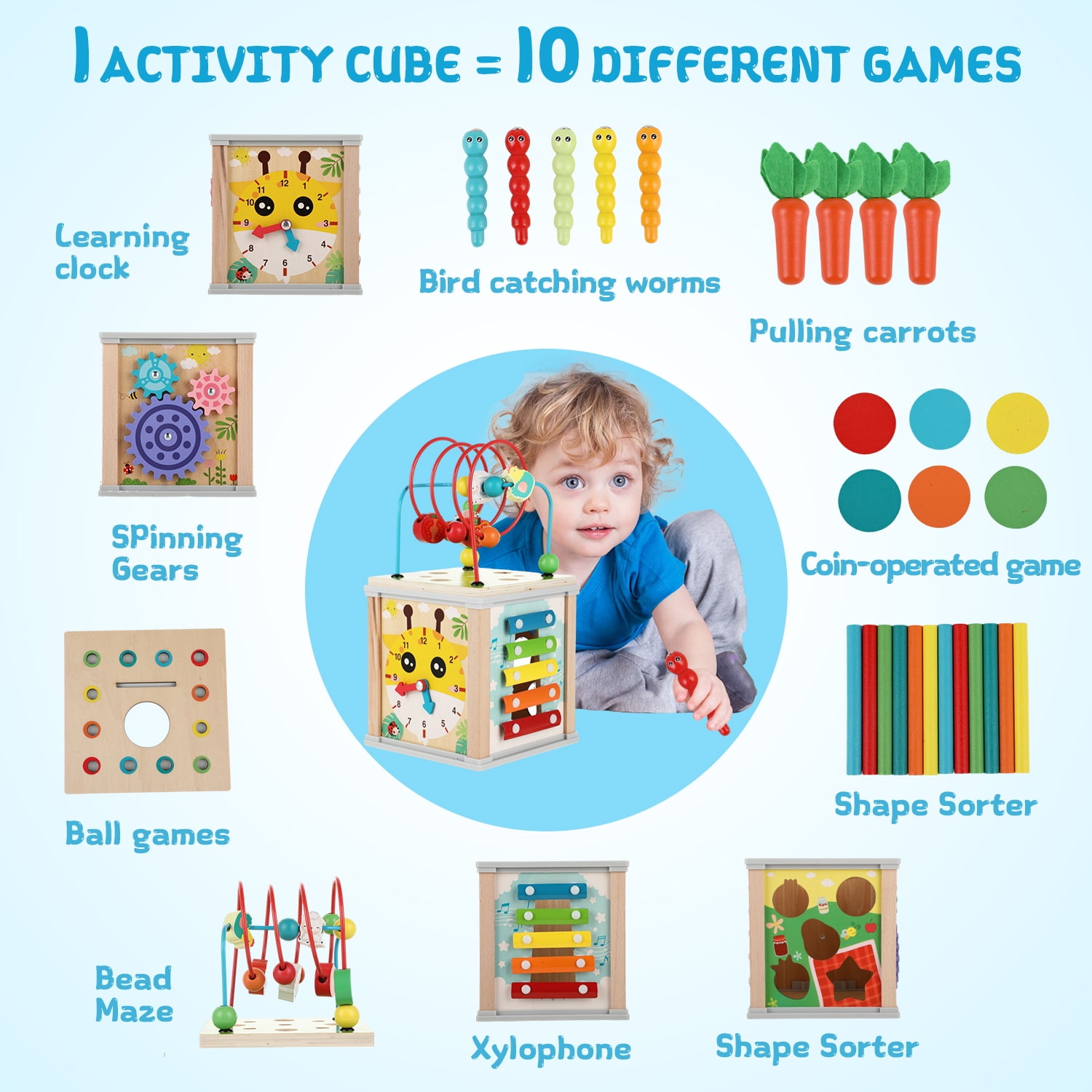 UQN Wooden Activity Cube, 10-in-1 Montessori Toys for 1 Year Old, Learning Educational Baby Busy Toys Gift for 1 2 3 Year Old Boys & Girls
