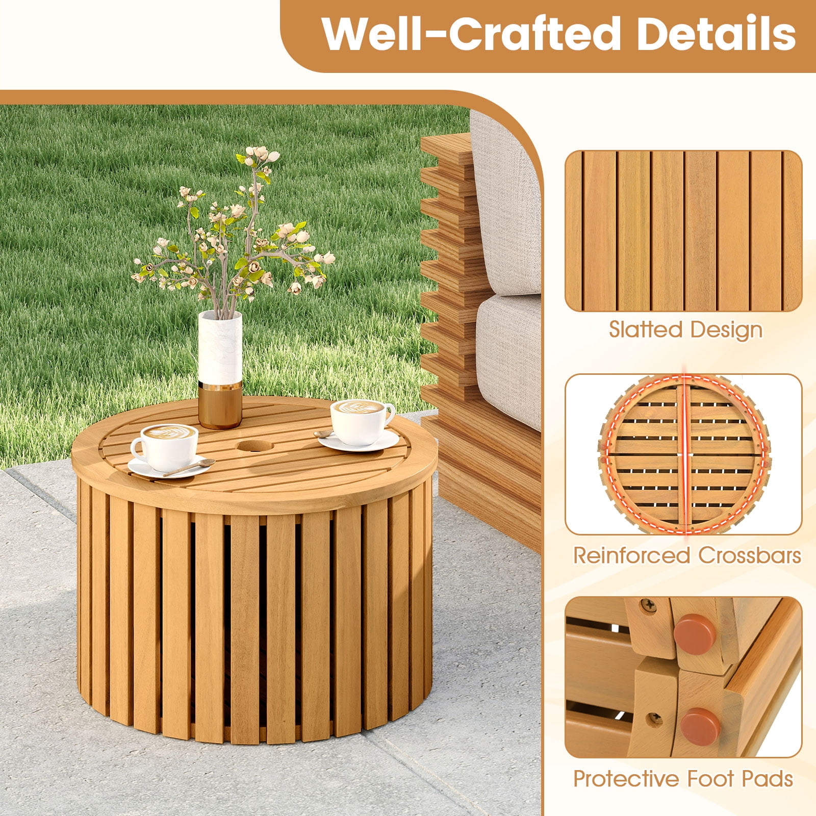 Gymax 2-in-1 Outdoor Side Table w/Storage Umbrella Hole & Removable Base for Backyard