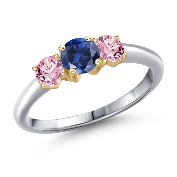 Gem Stone King 925 Silver and 10K Yellow Gold Blue Created Sapphire and Pink Lab Grown Diamond Engagement Ring for Women | 1.10 Cttw | Round 5MM | Gemstone September Birthstone | Size 9