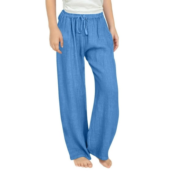 Girls Casual Loose Fit Linen Trousers for Teen Summer Lightweight Elastic Waist Solid Color Long Pants Comfortable Plus Size Girls Sweatpants Teen Straight Leg Pants Kids Open Bottom