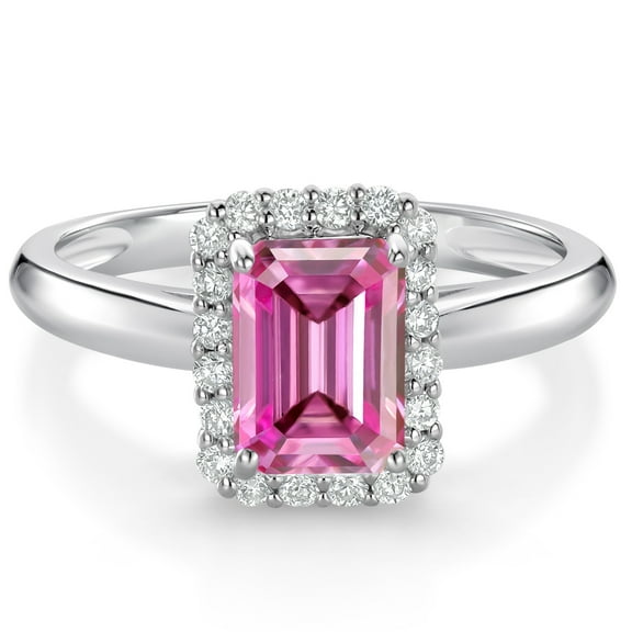 Gem Stone King 10K White Gold Halo Engagement Ring Octagon Pink Moissanite and Lab Grown Diamond (1.16 Cttw, Size 5)