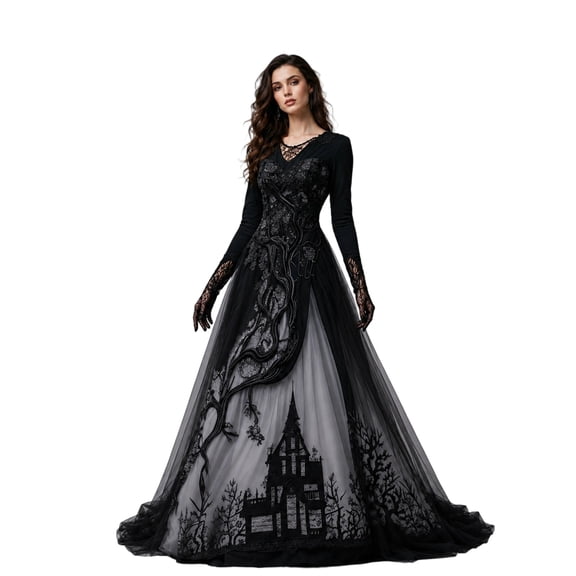 Halloween Witch Costumes for Women, Black Gothic Flowy Wedding Dresses Renaissance Costume Women for Bride Long Sleeve, Deep V Neck Lace Medieval Dress, Halloween Cosplay Dress Up