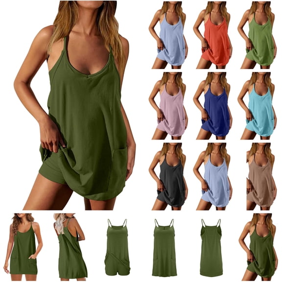 QATAINLAV Womens Casual Athletic Dresses Built in Shorts with Pockets Summer Sleeveless Tennis Workout Romper Vacation Beach Outfits, Blue, M