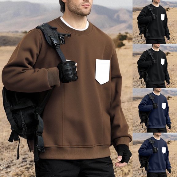 Nmnitkp Long Sleeve Shirts for Men Crewneck Sweatshirts High-Quality Fabric Sweatshirts Thermal Casual Pullover Shirt Brown,L