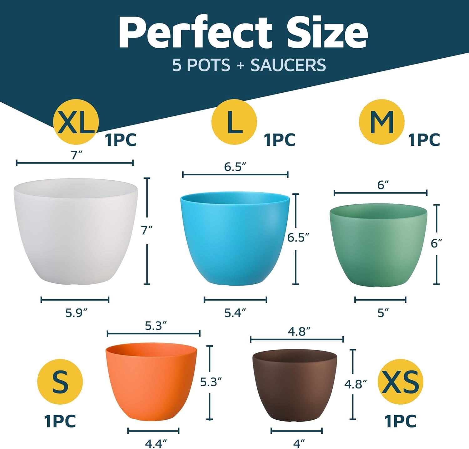 Multicolor Plant Pots with Drainage Holes & Saucers 5 Packs, Indoor & Outdoor Stackable Plastic Planters in Multiple Sizes for Houseplants & Flowers, Durable & Weatherproof Materials, Matte Finish