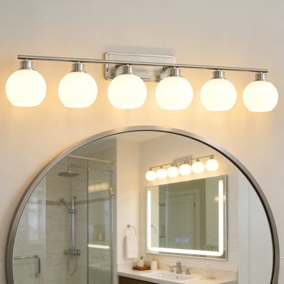 Deyidn 45.27" 6-Light Dimmable Bathroom Vanity Light - Nickel Finish with Milky White Glass Shades, Transitional Modern Design
