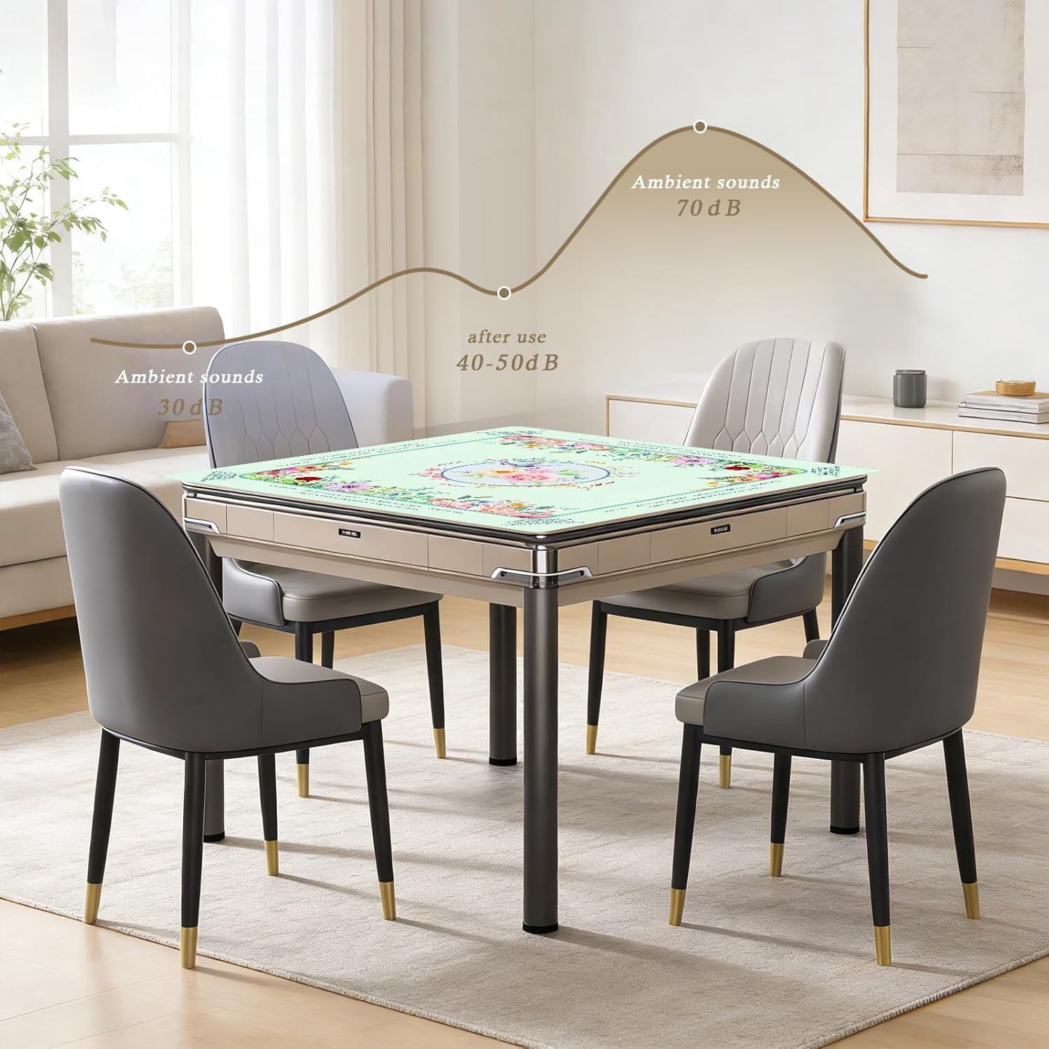 Mahjong Mat for Table, Non-Slip Noise Reduction Mahjong Table Cove 32×32 Inch Portable Gaming Mat for Poker/Cards/Board Games/Tile Games, Mahjong Tablecloth with Carrying Bag (Green+Flowers)