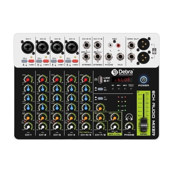 V8 Interface Mixer with Bluetooth 5.0 USB Phantom Power DJ Mixer for PC Recording with Delayed Replay Effects ,Easy to Operate
