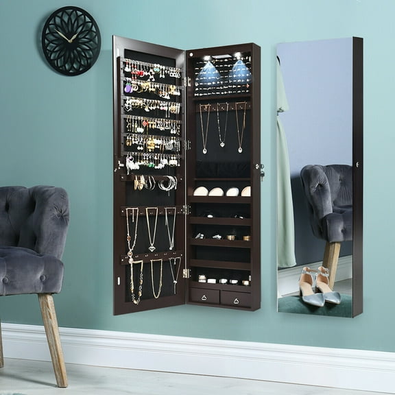 Gymax Mirrored Wall & Door Mounted Jewelry Storage Cabinet Organizer With Drawer & Lights