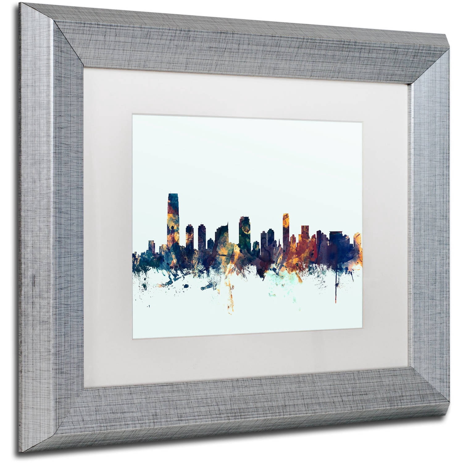 Trademark Fine Art "Jersey City NJ Skyline Blue" Canvas Art by Michael Tompsett, White Matte, Silver Frame