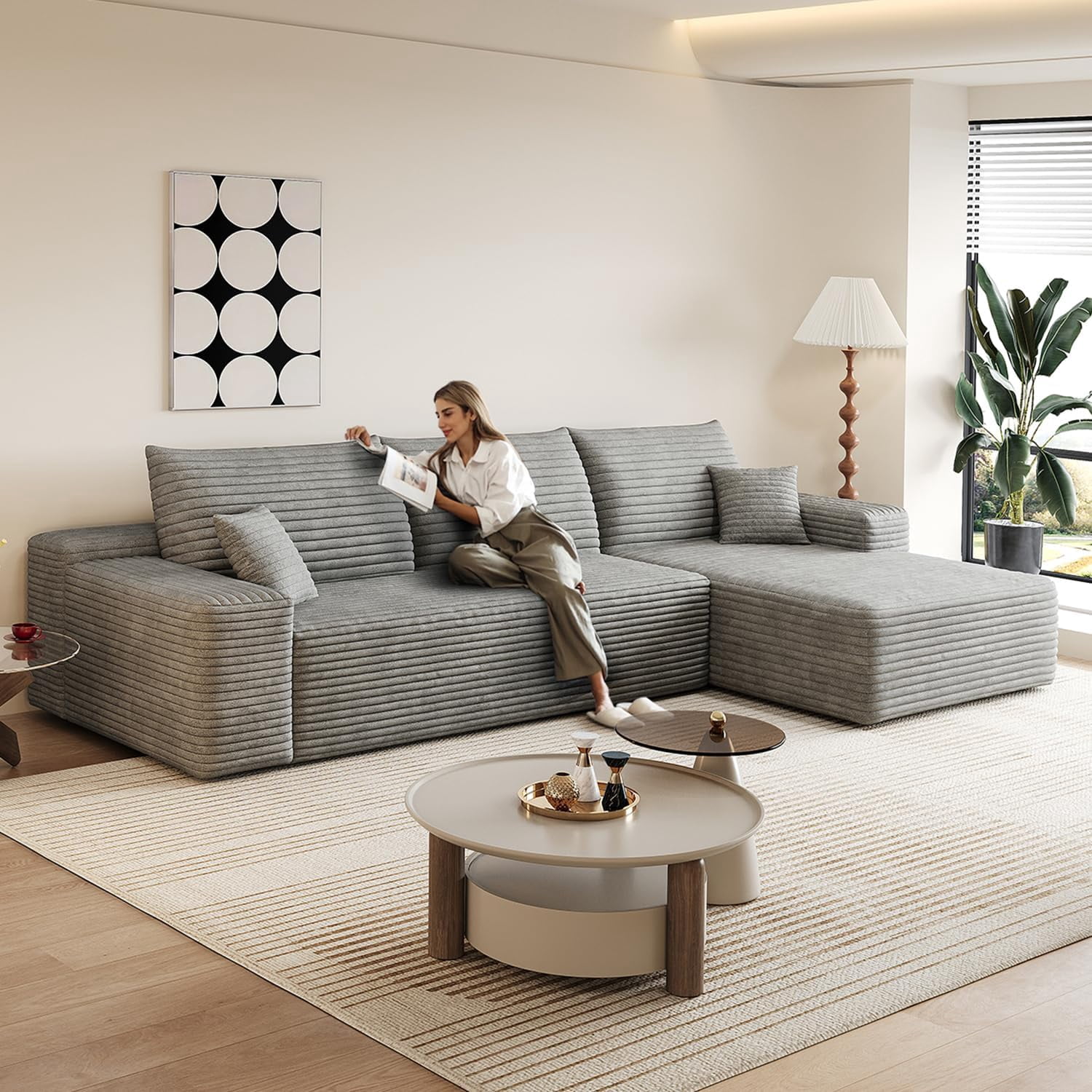 Sailvan 107" Cloud Sectional Couch, Cloudy Sofa with L-Shape Chaise, Upholstered Couches for Living Room & Bedroom, No Assembly Required, Plush Corduroy Fabric, Gray