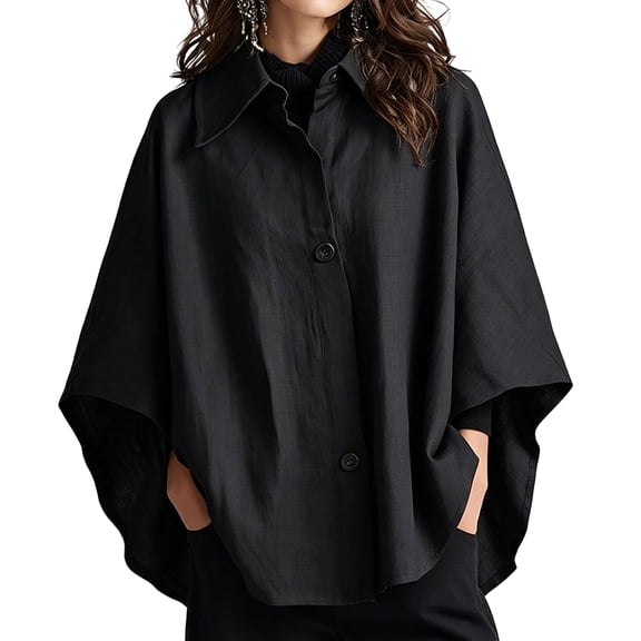 Sorvello Women Poncho Sleeve Lapel Button Down Oversized Batwing Shirt Outerwear Summer Fall Loose Top Causal Outfits Black L