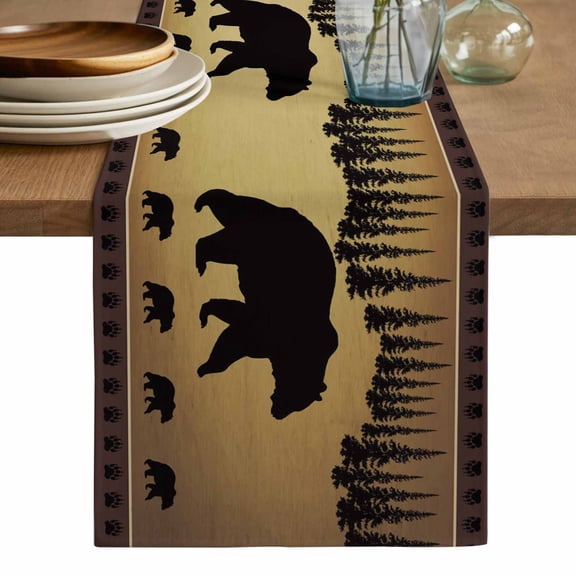 Black Bear Table Runner, Vintage Animals Farmhouse Pine Brown Forest Washable Cotton Linen Table Runners 36 Inches Long, Dresser Scarf Runner for Nightstand/End Tables/Round Tables 13''x36''