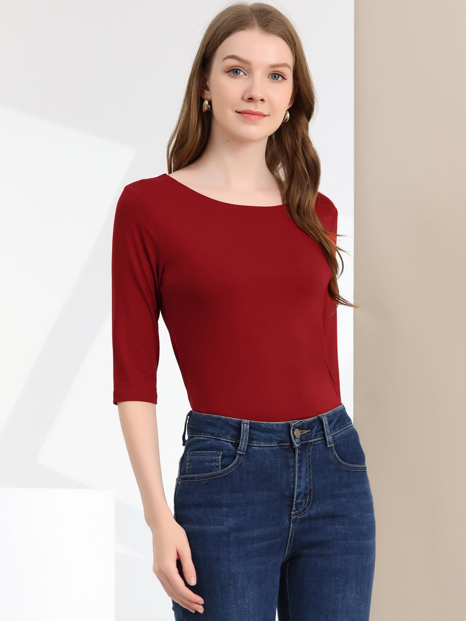 DARING DIVA Women's Elbow Sleeves Boat Neck Slim Fit Classic Tee S Wine Red