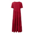thumbnail image 5 of XIUH Women's Crew Neck Pleated Maxi Dress Solid Color Short Sleeve Ruffle Swing Dress Red 4 M, 5 of 5