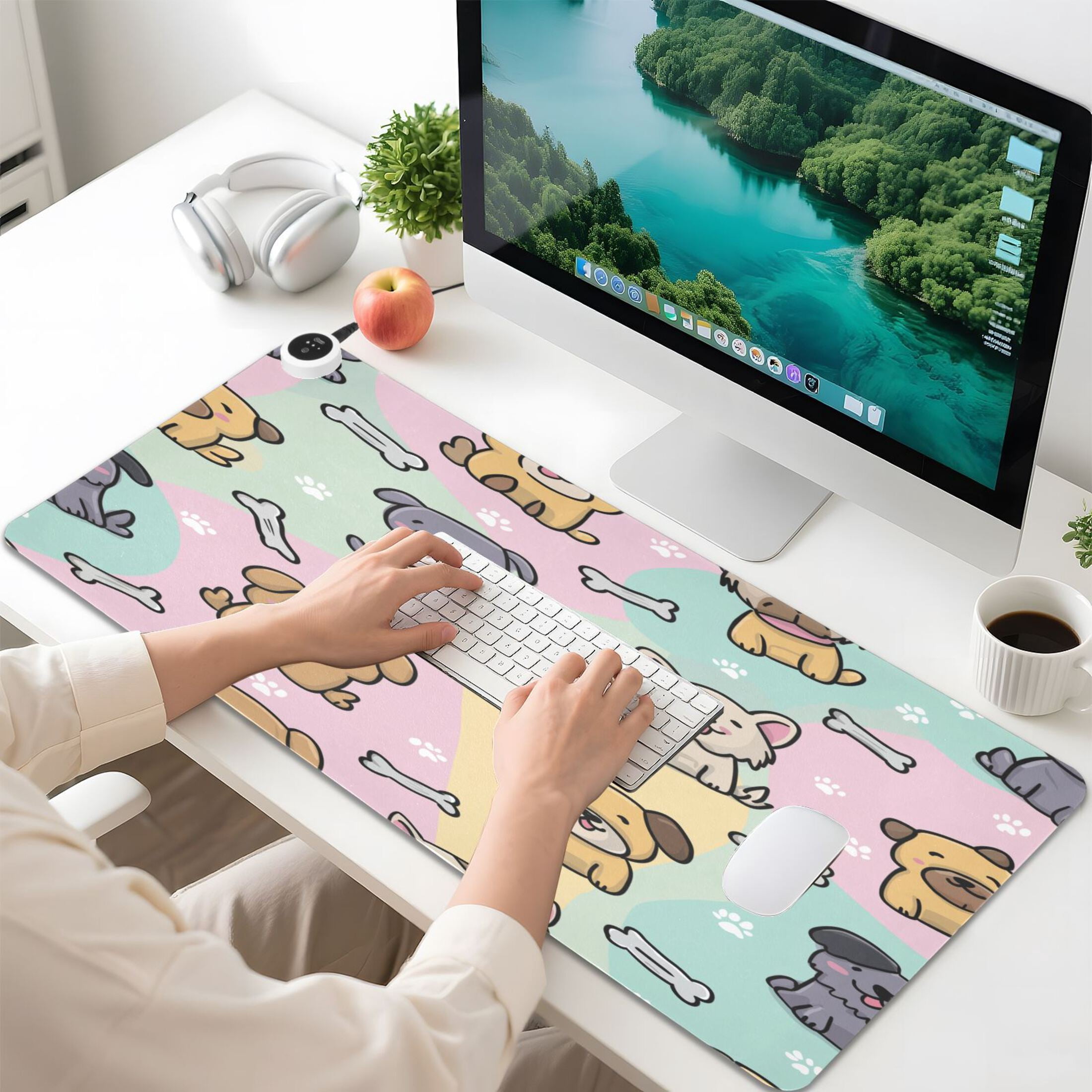 Large Heated Desk Mat Mouse Pad 31.5"x13"PU Leather Graphene Heating Desk Warmer with 3 Temperature Settings 110V US Plug Non-Slip Warm Pad for Home, Office, and Gaming Gentle Pastel Puppy Pattern