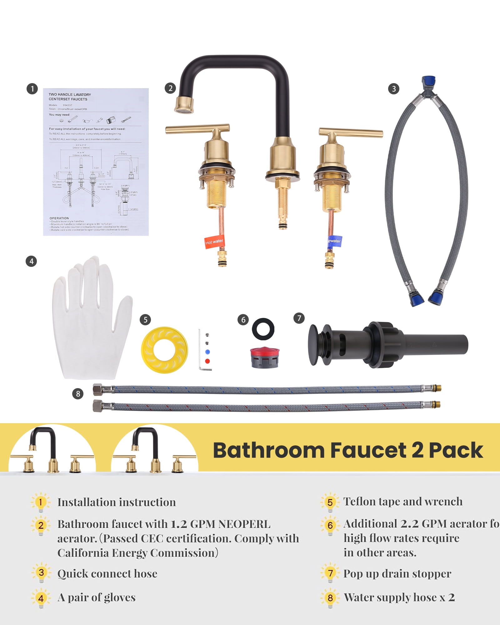 WOWOW Widespread Bathroom Sink Faucet 3 Hole with Pop-up Drain and Supply Lines(2 Pack)