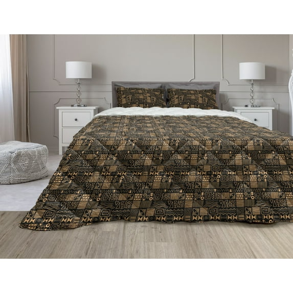 Vintage Tribal Comforter & Sham Bedding Set, Creative Abstract Art Continuous Monochrome Aboriginal Pattern, 3 pcs Duvet Set Microfiber Filling Quilt, 5 Sizes, Pale Orange Black, by Ambesonne