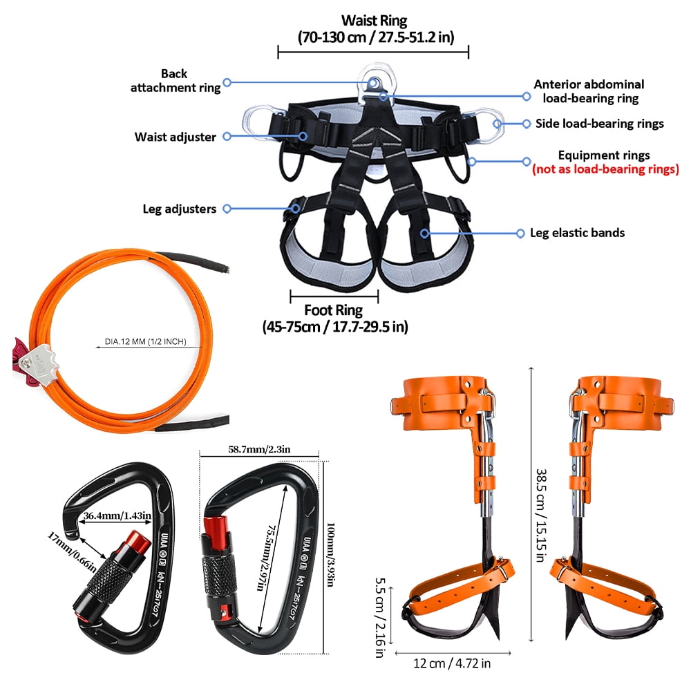 Tree Climbing Gear，Tree Climbing Spikes, Tree Climbing Gear with Adjustable Climbing Straps and Steel Core Flip Line, Rock Climbing Kit with Triple Lock Lanyard Adjuster