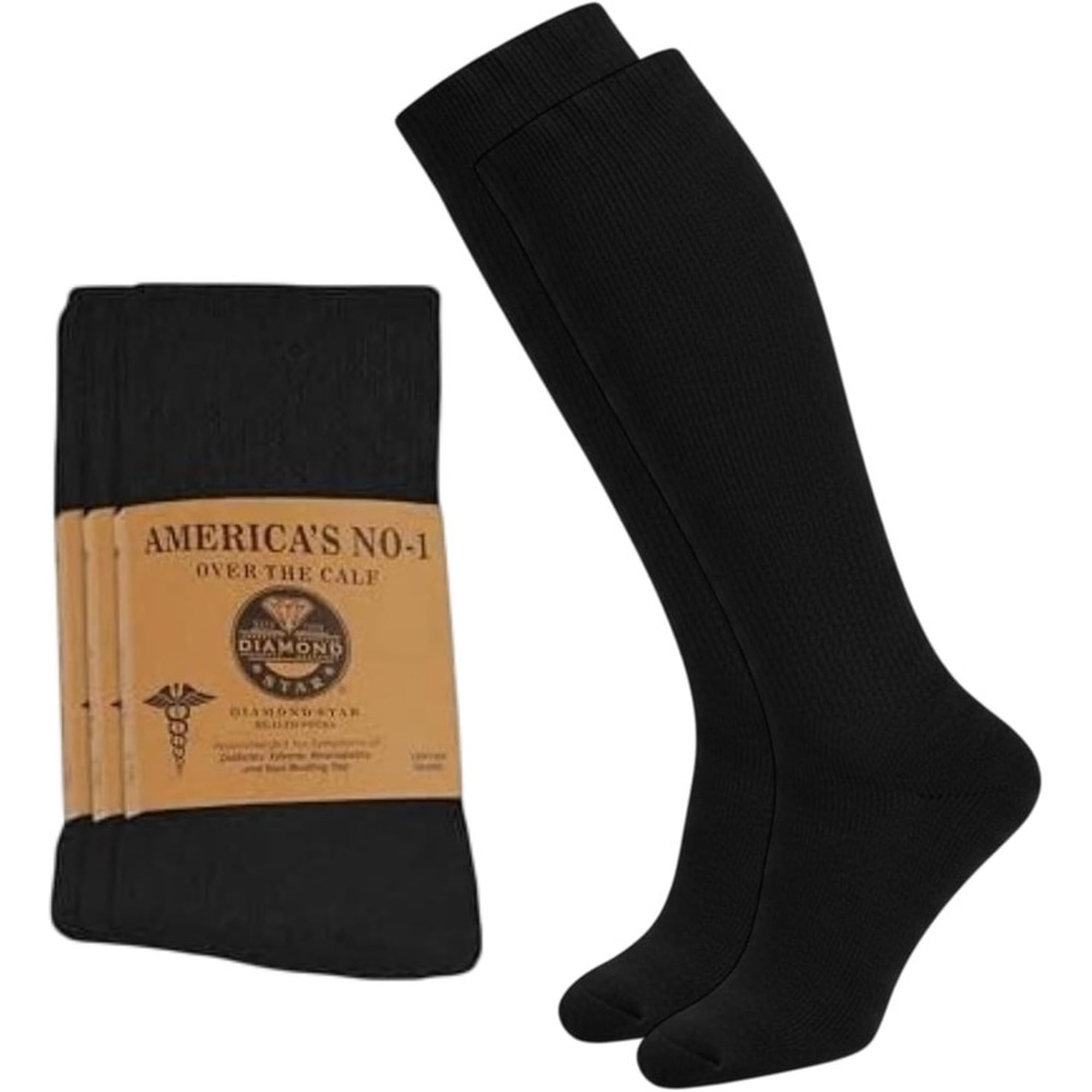 Diamond Star Diabetic Over the Calf, Non-binding Premium Cushion Cotton Knee High Comfortable Socks for Men (Black - 2 Pairs, Sock Size 9-11)