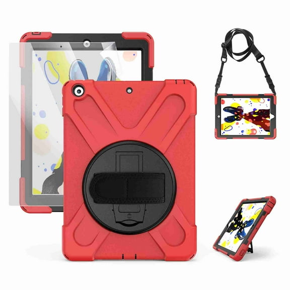 Dteck iPad 8th/7th Generation Case, iPad 10.2 Case 2020/2019, [Shockproof] Full Body Protective Case with Soft HD Screen Protector, Rotatable Kickstand & Hand Strap, Shoulder Strap, Red