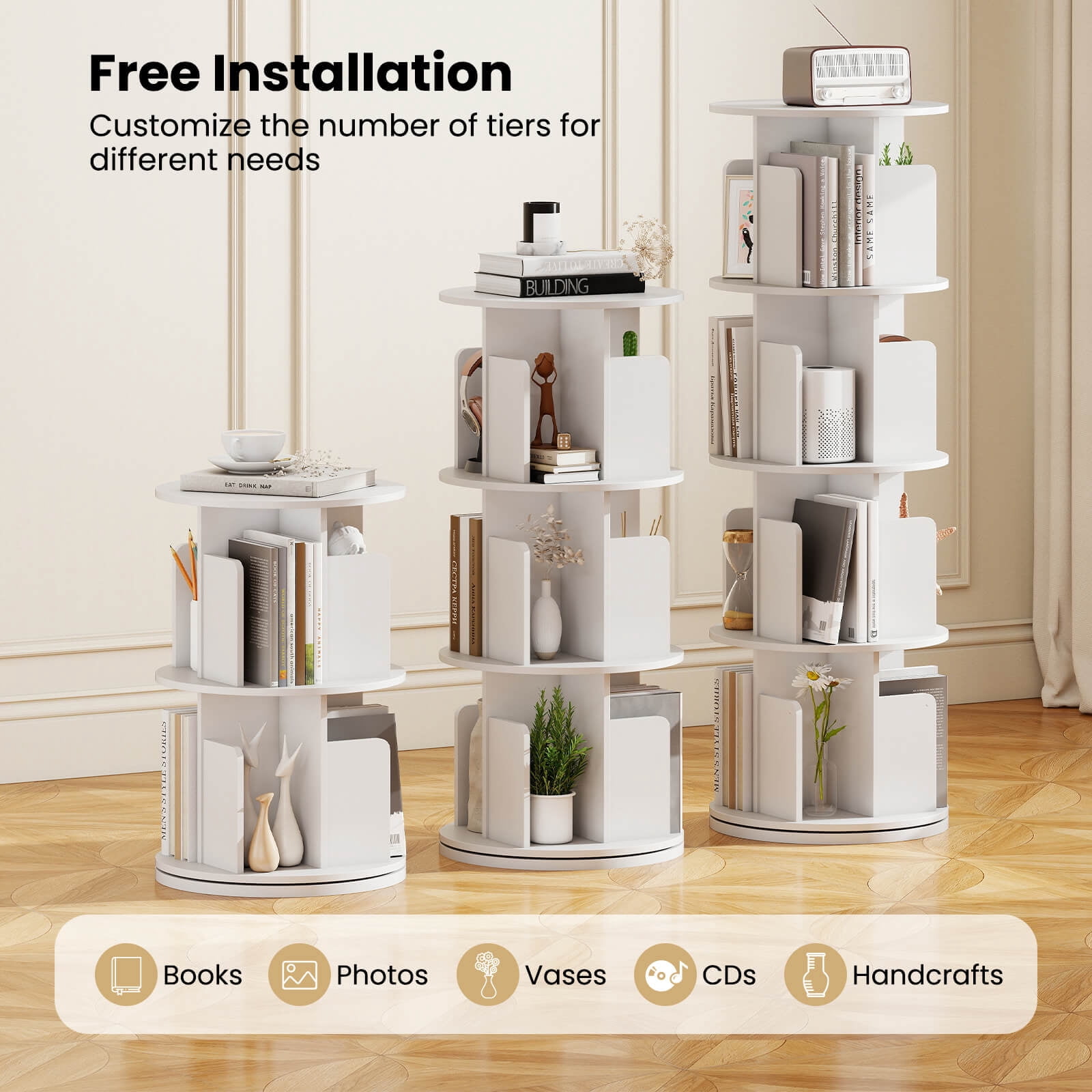 Costway 1 PCS 4-Tier Rotating Bookshelf 360° Display Rack with Dividers & Anti-falling Baffles White