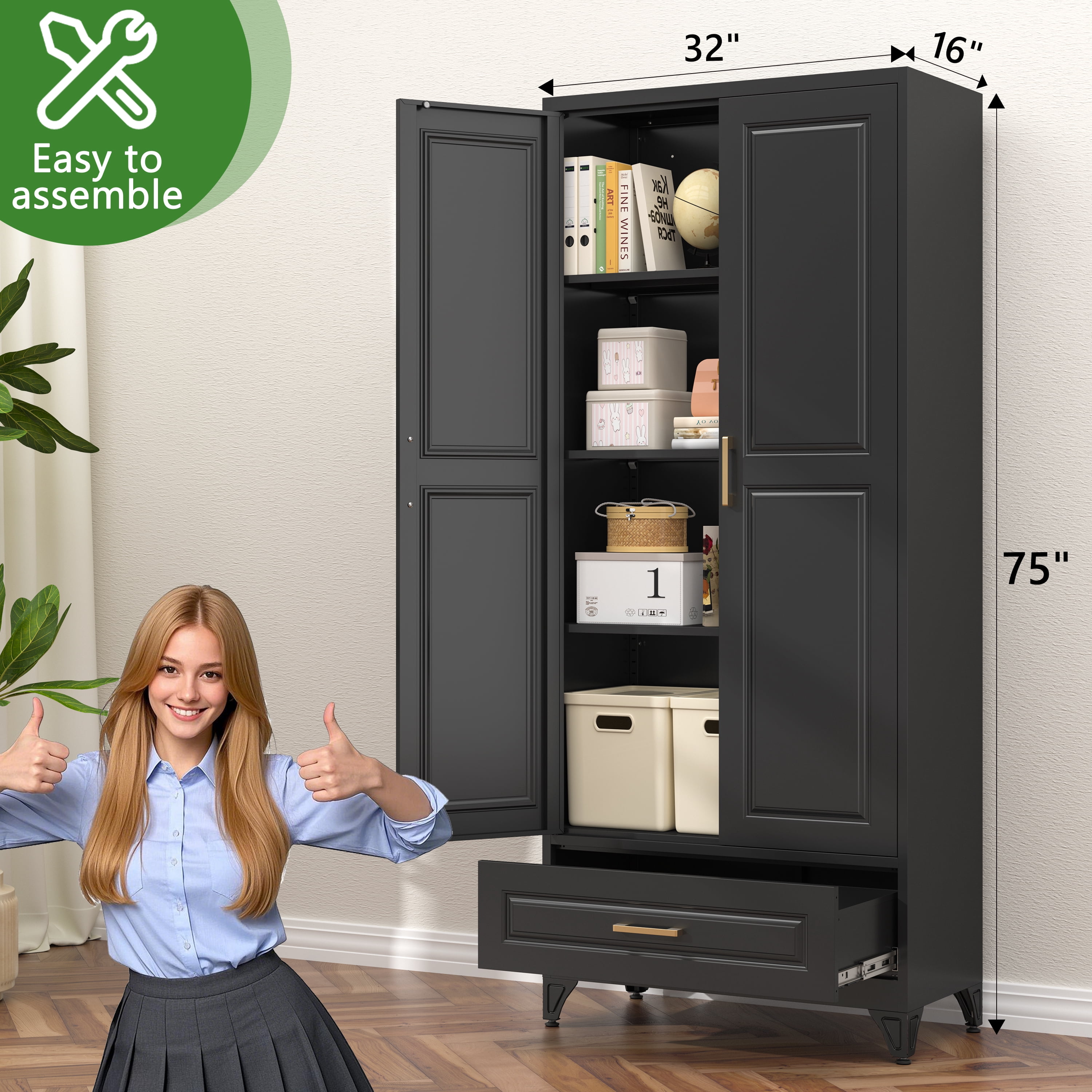 Polup 75"H Kitchen Pantry Cabinet, Metal Pantry Cabinet with Drawer, Storage Cabinets with Adjustable Shelves, Black Food Cupboards, Adult