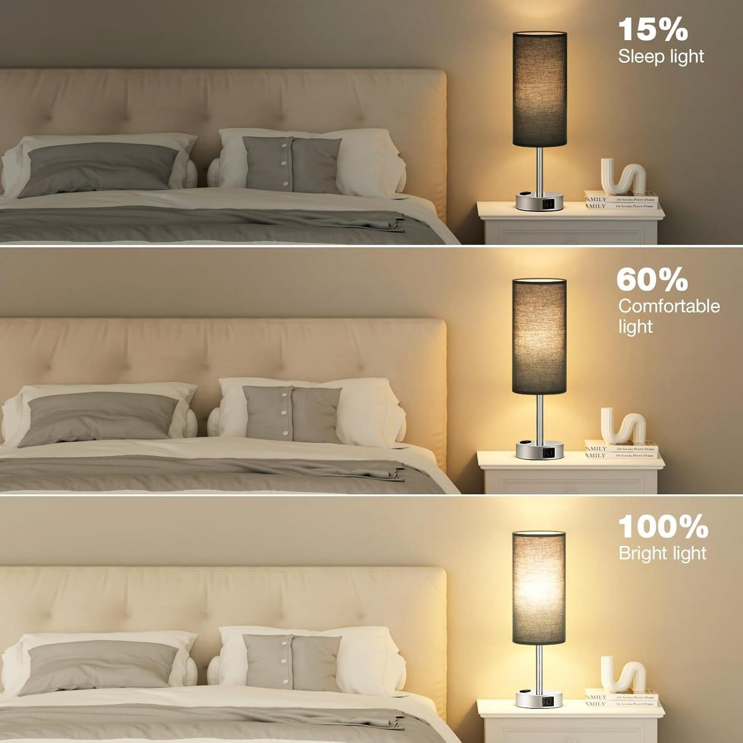 Dimmable Table Lamps with USB Charging Ports & AC Outlet, 3-Way Touch Control Bedside Nightstand Lamps, Wood/Metal Base, Modern Desk Lamps for Bedroom, Living Room, Office, Bulbs Included (1/2 Pack)