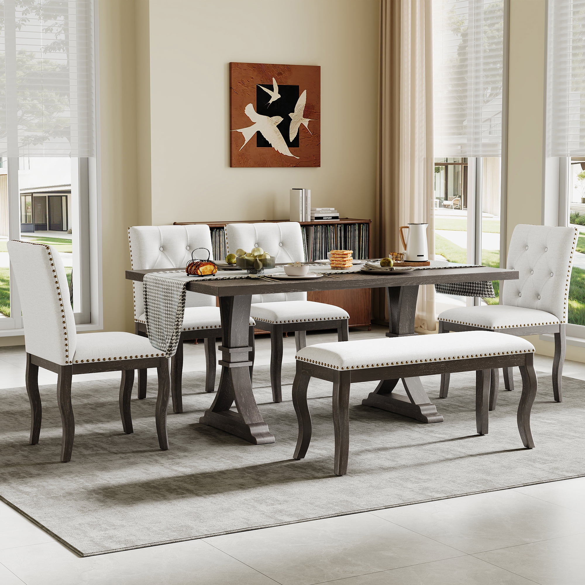 Euroco 6 Pieces Dining Table Set for 6, Solid Wood Kitchen Table Set with 4 Upholstered Chairs and Bench, Rectangular Dining Furniture Set,Espresso
