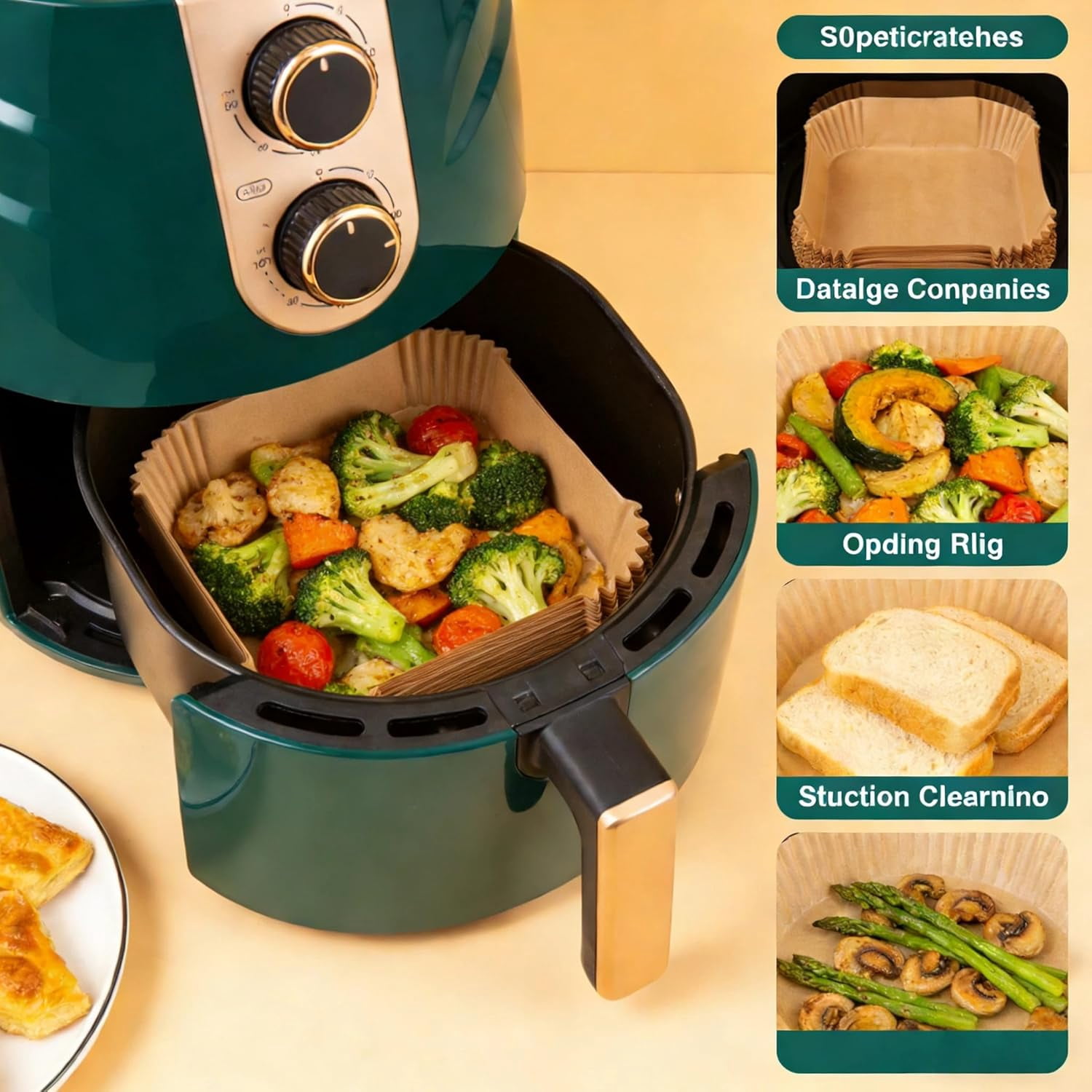 JJEAN-200 PCS Square Air Fryer Paper Liners Disposable, 6 x 6 ''Non-stick Oil Resistant Air Fryer Parchment Paper Liners, Waterproof, Airfryer Liners for Baking, Roasting Microwave,Oven & Basket