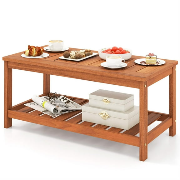 Spaco 2-Tier Outdoor Patio Coffee Table with Slatted Tabletop and Shelf for Garden, Balcony, Poolside, Brown