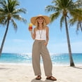 thumbnail image 4 of Womens Cotton Linen Barrel Sweatpants Casual Drawstring Elastic Waist Flowy Pants Khaki 2XL, 4 of 8