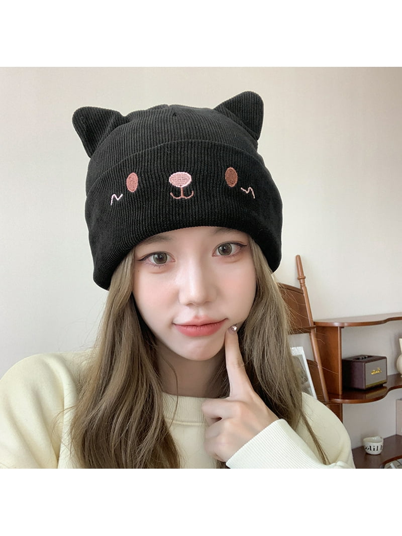 Women's Teen Girls Knitted Cat Kitty Cuffed Beanie Hat Winter Outdoor Stretchy Ski Caps