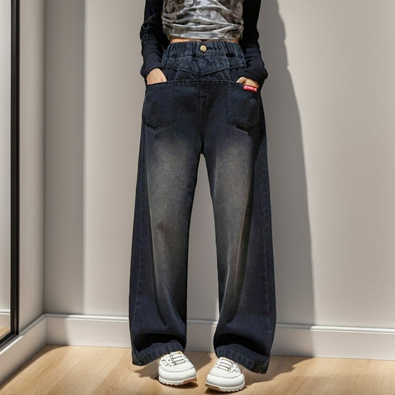 Girls Spring and Autumn Baggy Mop Wide Leg Pants Medium Sized Children Slim Jeans Straight Leg Pants Design Sense Girls' Jeans 5-6 Years