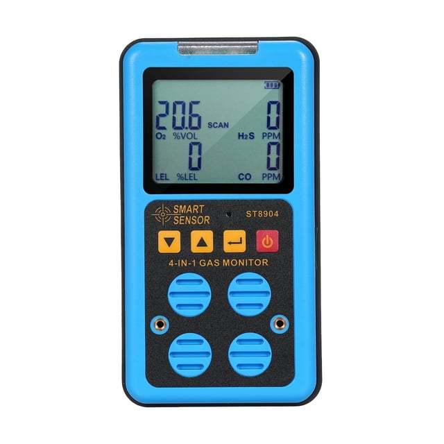 detector de gas portátil recargable dispositivo de detección de gases tóxicos smart sensor azul, vista frontal centrada del monitor rectangular azul y negro con pantalla LCD retroiluminada (47 × 38 mm) mostrando lecturas de O2, H2S, CO y LEL, cuatro rejillas de muestreo frontales y botones de control; apto para monitoreo continuo en minería y obra y se puede conectar a una bomba de muestreo.