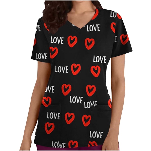 TaTaai Valentine Graphic Women Scrub Top Soft Cotton Relaxed Fit Short Sleeve V Neck Front Pocket Breathable Comfort Medical Work Casual Blouse Gift