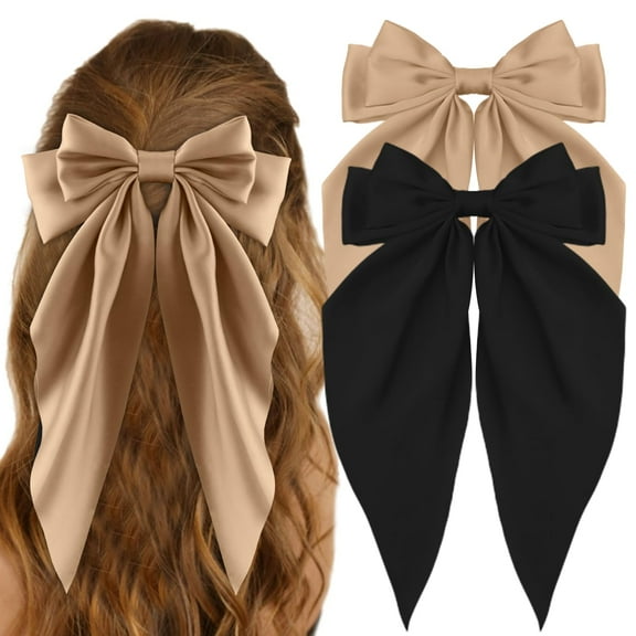 Large Hair Bows, 2PCS Satin Hair Ribbons Bow Hair Clips, Oversized Long Tail Hair Bow Barrette Satin Hair Bows Cute Hair Accessories for Women Girls