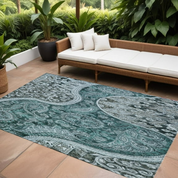 8' X 10' Teal Blue And Dark Green Floral Medallion Washable Indoor Outdoor Area Rug
