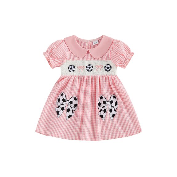 BemeyourBBs Toddler Baby Girl Summer Plaid Gingham Smocked Dress Baby Girls Football Dress Outfit Soccer Bow Embroidery Doll Collar Puff Short Sleeve Casual A Line Dress
