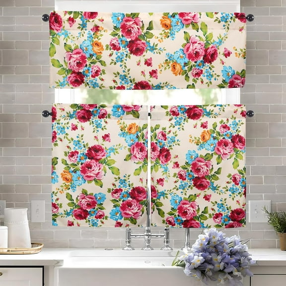Pink Red Roses Kitchen Curtains and Valances Set - 3 Piece Kitchen Curtains 36 Inch Length Sets with Valance for Windows Rod Pocket
